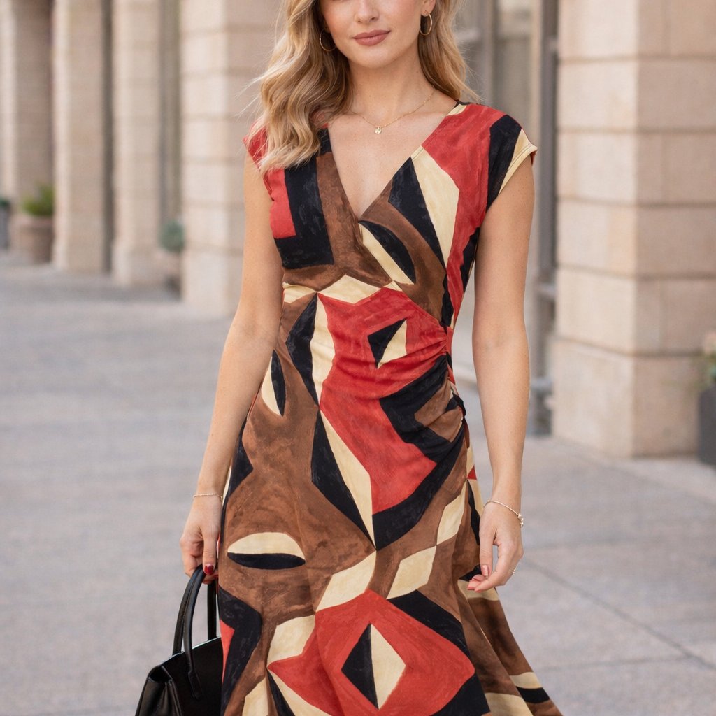 Lauren Ralph Lauren Dress Abstract Print Art-To-Wear V-Neck Stretch Size M Artsy
